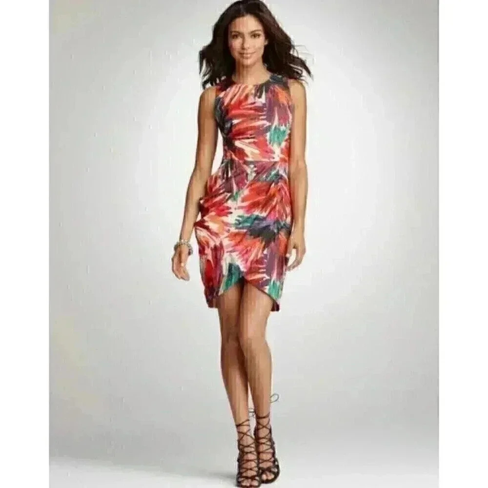 Ann Taylor Women 6 Abrstract Floral Cocktail Dress Multicolor Sleeveless Pleated